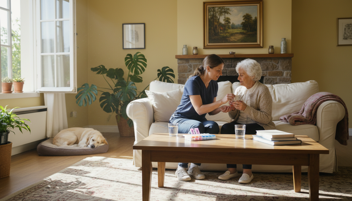 Medication reminders are a critical part of ensuring senior safety at home. A professional caregiver assisting a senior woman with her medication reminders in a cozy living room.