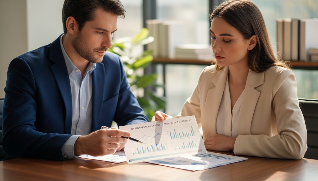 Regular reviews with a professional ensure your data is clean and your strategy is sound. An accountant presenting a formal financial report to a small business owner across a conference table.