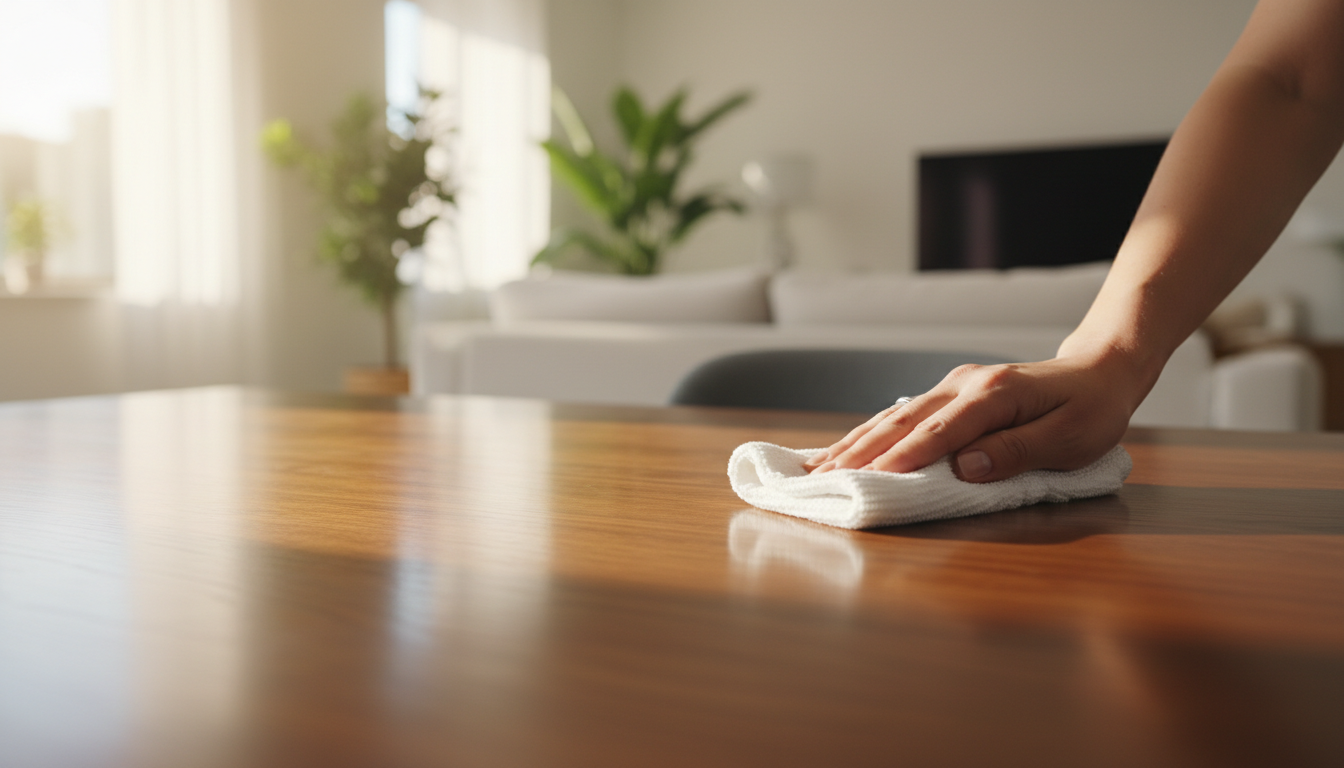 Details like polished wood and dust-free surfaces signal to buyers that a home has been meticulously maintained. Close up of hands polishing a wooden surface to a high shine using a microfiber cloth and professional technique.