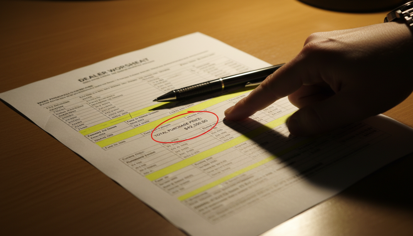 Hard data from your scanner prevents dealerships from padding your bill with unnecessary fees. A dealer worksheet and contract on a desk with highlighted sections and a pen