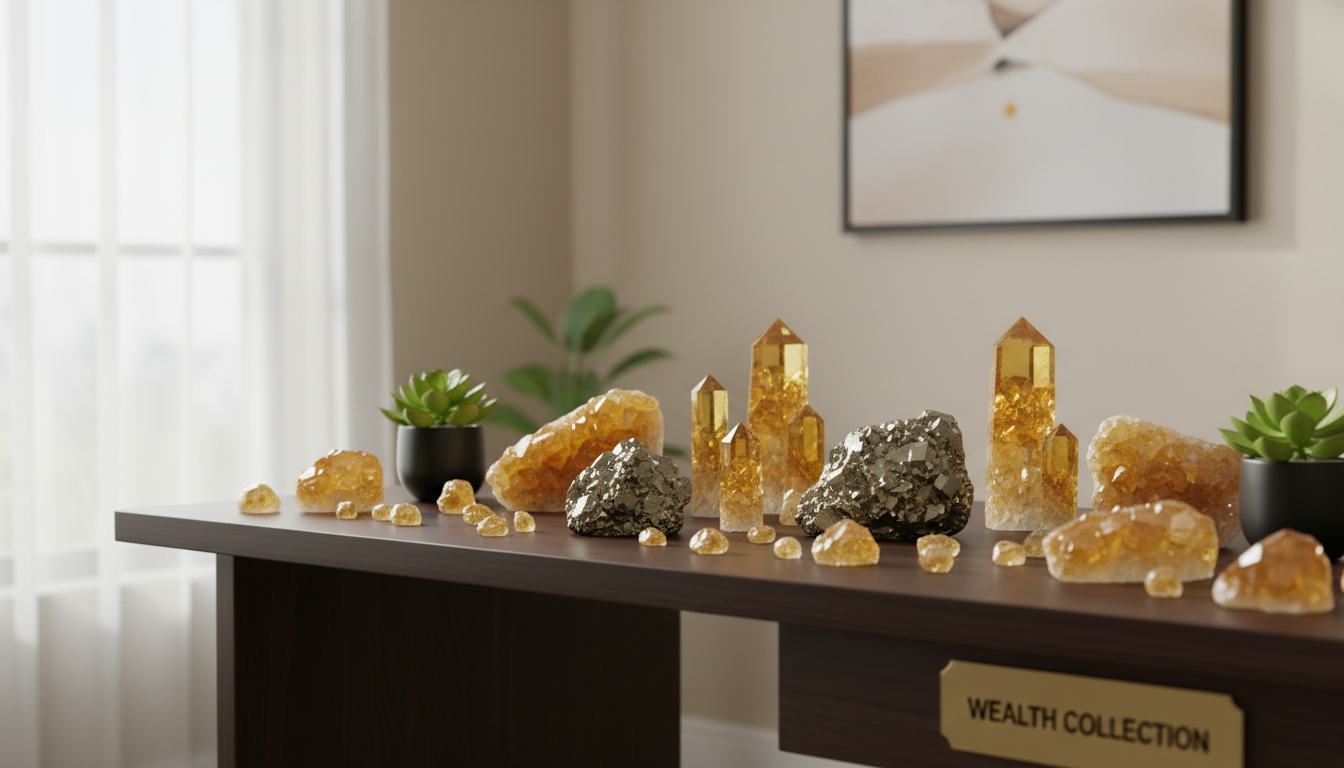 Select stones like Pyrite and Citrine to align with wealth and career goals. Polished Citrine and Pyrite stones representing the Wealth collection for career focus.