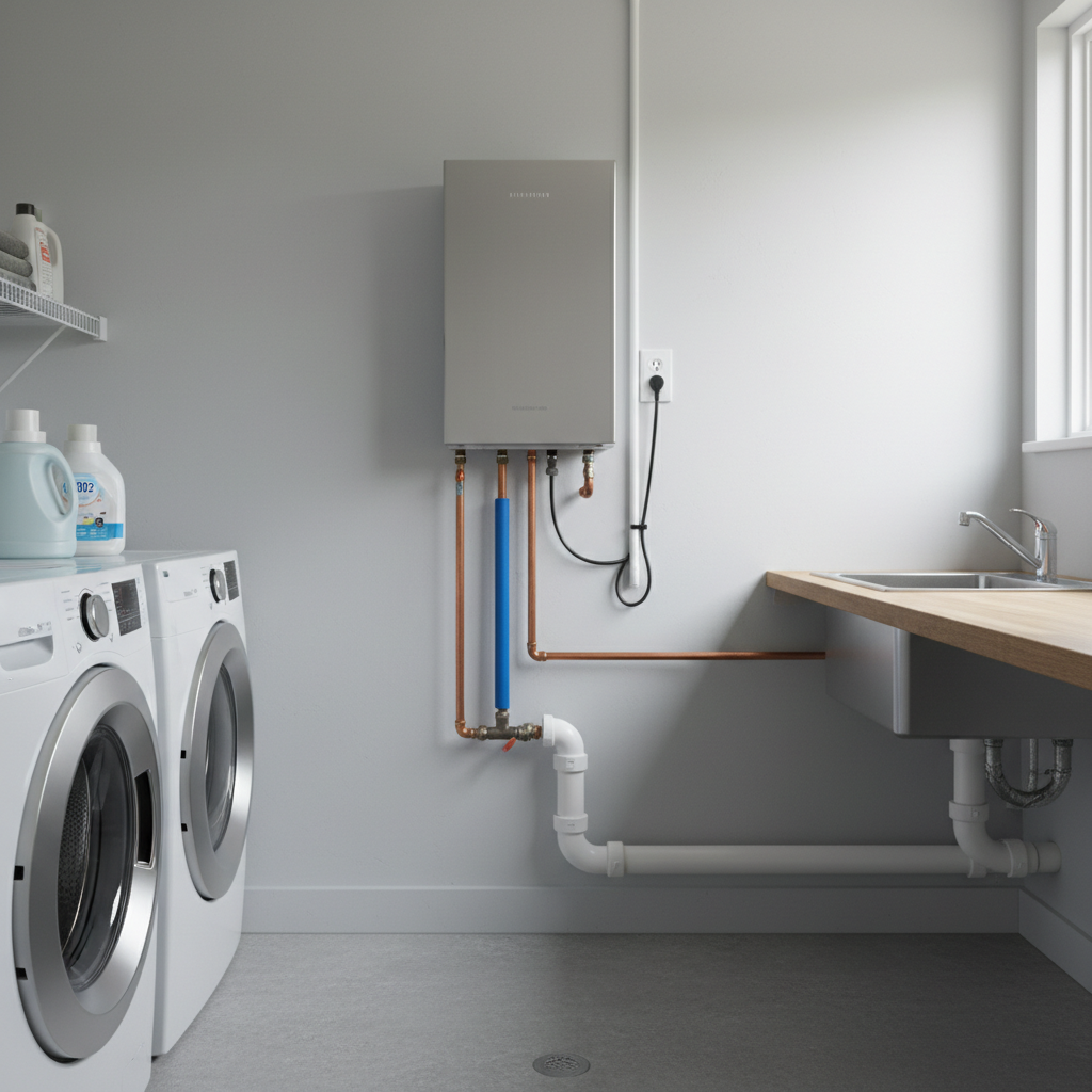 Tankless systems require regular descaling to handle Utah's hard water effectively. A modern tankless water heater mounted on a wall in a clean residential utility room.