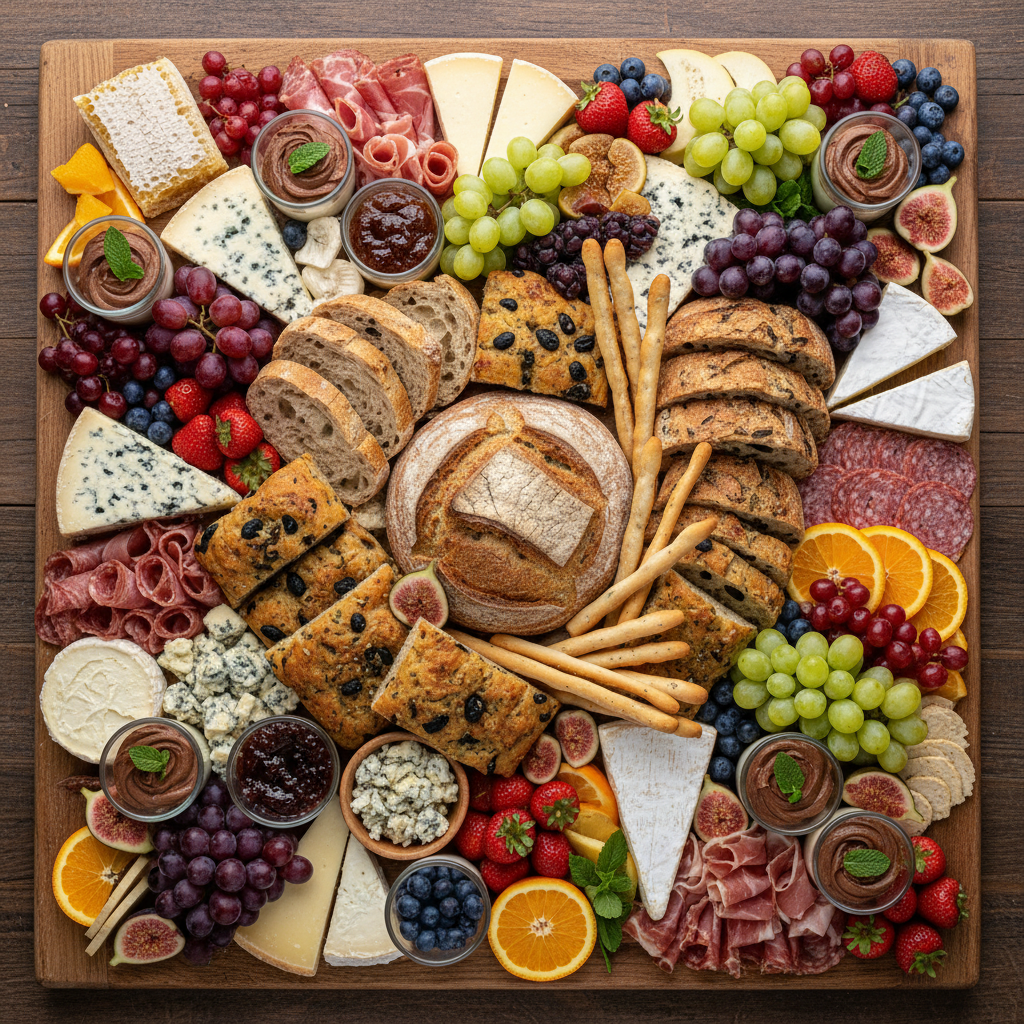 Gourmet spreads offer exceptional value and variety for guests. Overhead view of a premium grazing table with artisan breads, cheeses, cured meats, and fresh seasonal fruit.