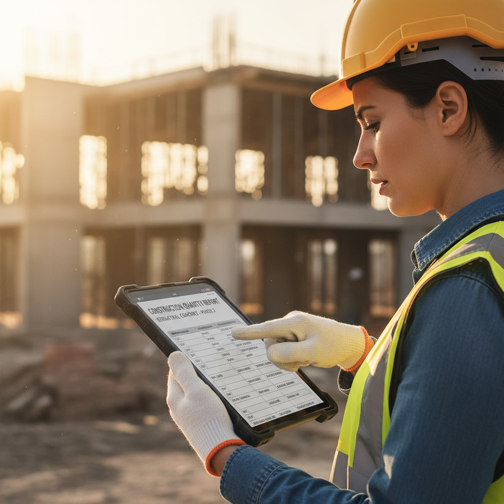 Accurate drone data allows site managers to verify progress payments and prevent budget overruns. Professional engineer in Riyadh reviewing a construction quantity report on a digital tablet