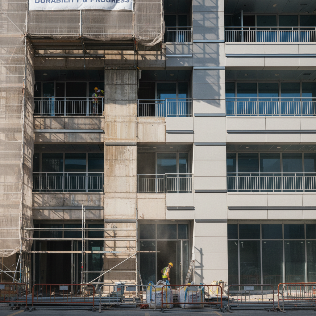 Commercial buildings can see massive energy savings with upgraded exterior seals and siding. A commercial building renovation showing the scale of professional exterior weatherization and siding upgrades.