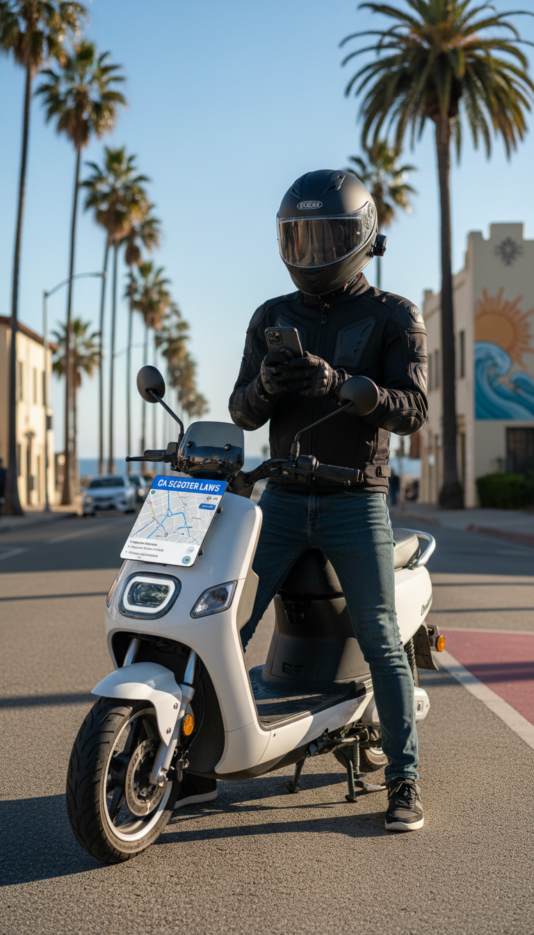Proper gear and knowledge of local rules are the first steps toward a safer ride. A rider wearing a protective helmet consults their smartphone next to a parked electric scooter on a sunlit street.