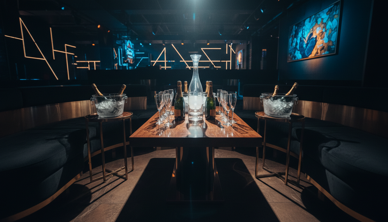 Un tavolo VIP riservato è il cuore di ogni addio al celibato di successo a Barcellona. Tavolo VIP in un nightclub di Barcellona con champagne pronto e luci soffuse.