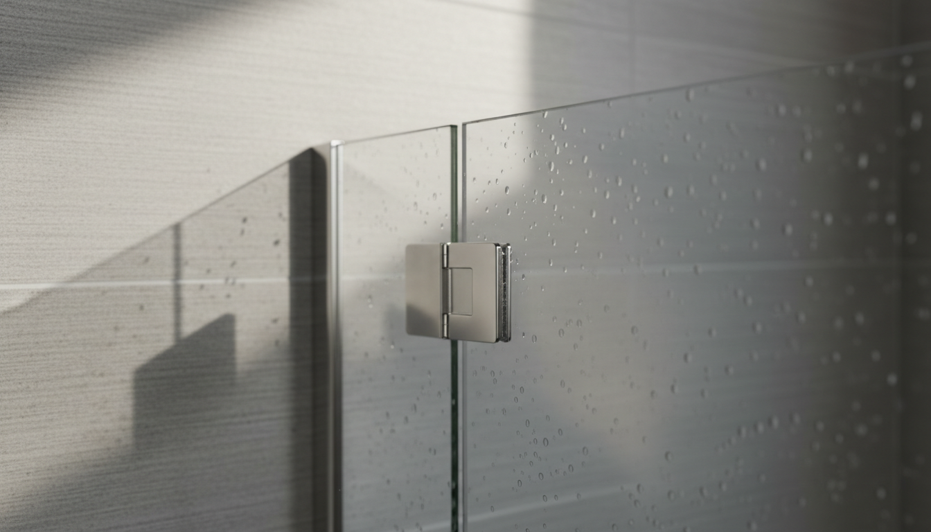 Hinged screens offer a minimalist, high-end look with fewer moving parts. Detailed close-up of a polished chrome hinge on a frameless glass shower screen.