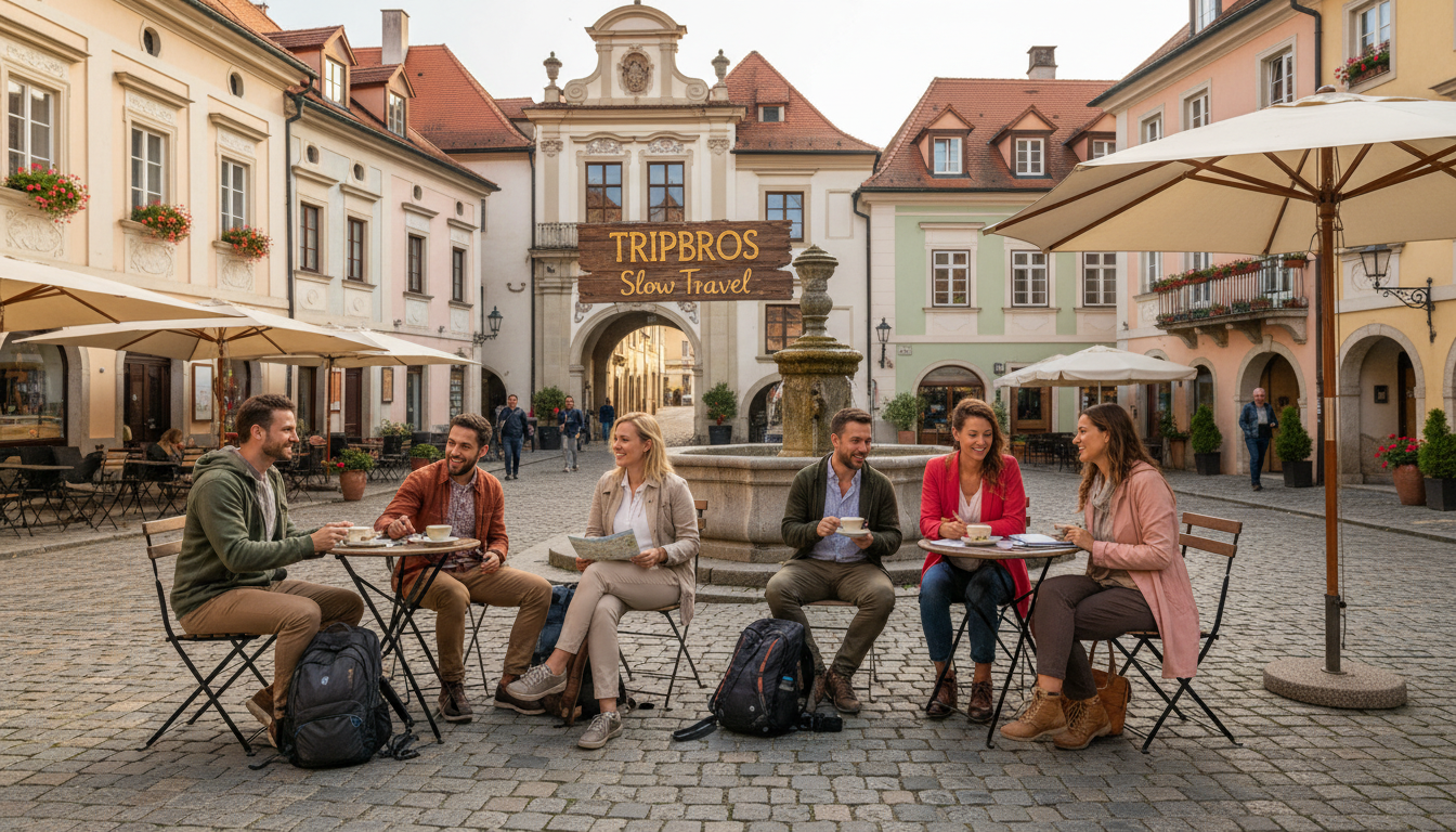 Local expertise ensures your group travels are seamless and socially connected. TRIPBROS slow travel group scene at serene Eastern European old town square, highlighting curated group experiences.
