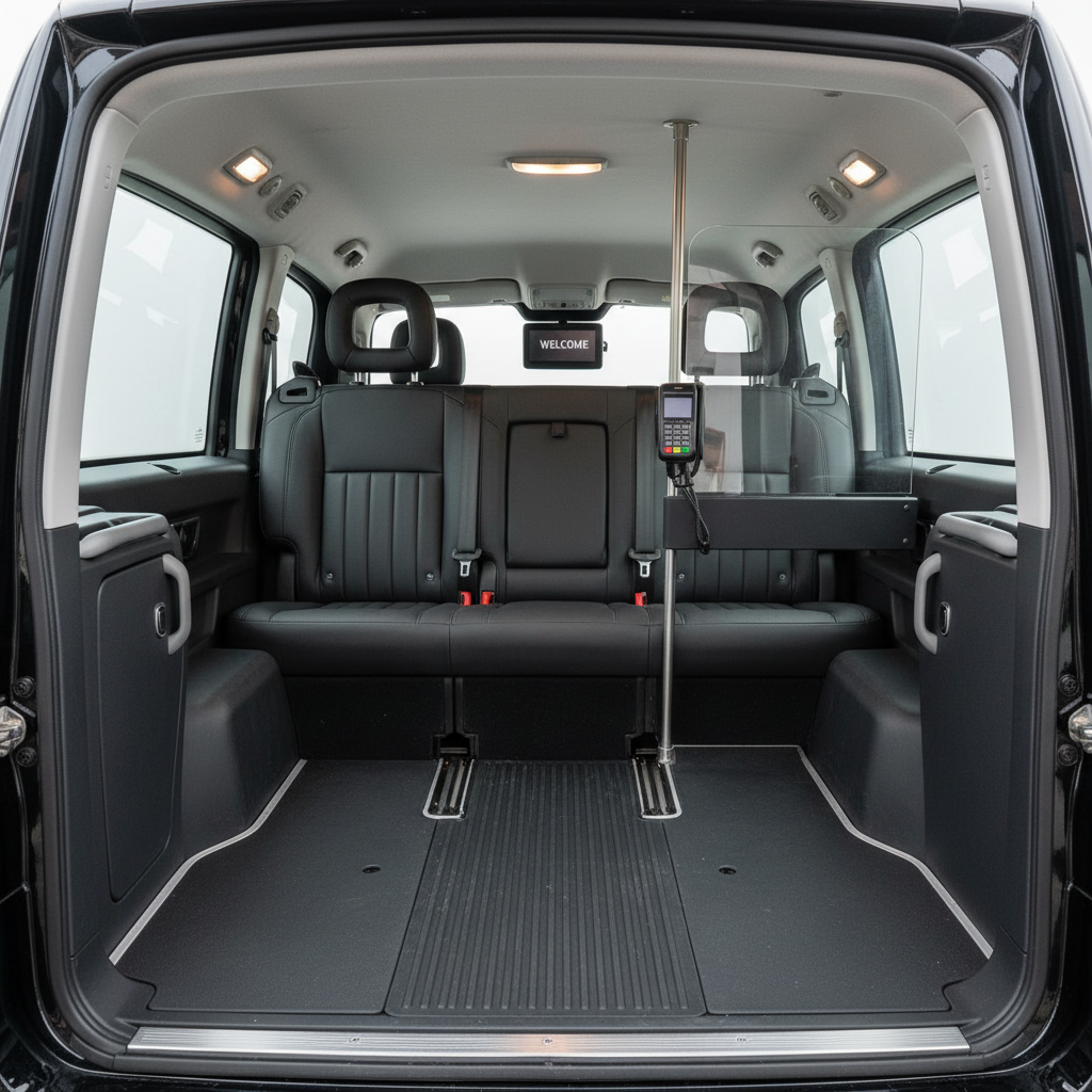 With room for six, our cabs offer a private, socially connected way for families to see the lights. The spacious interior of a black cab showing plenty of legroom and seating for up to six people.