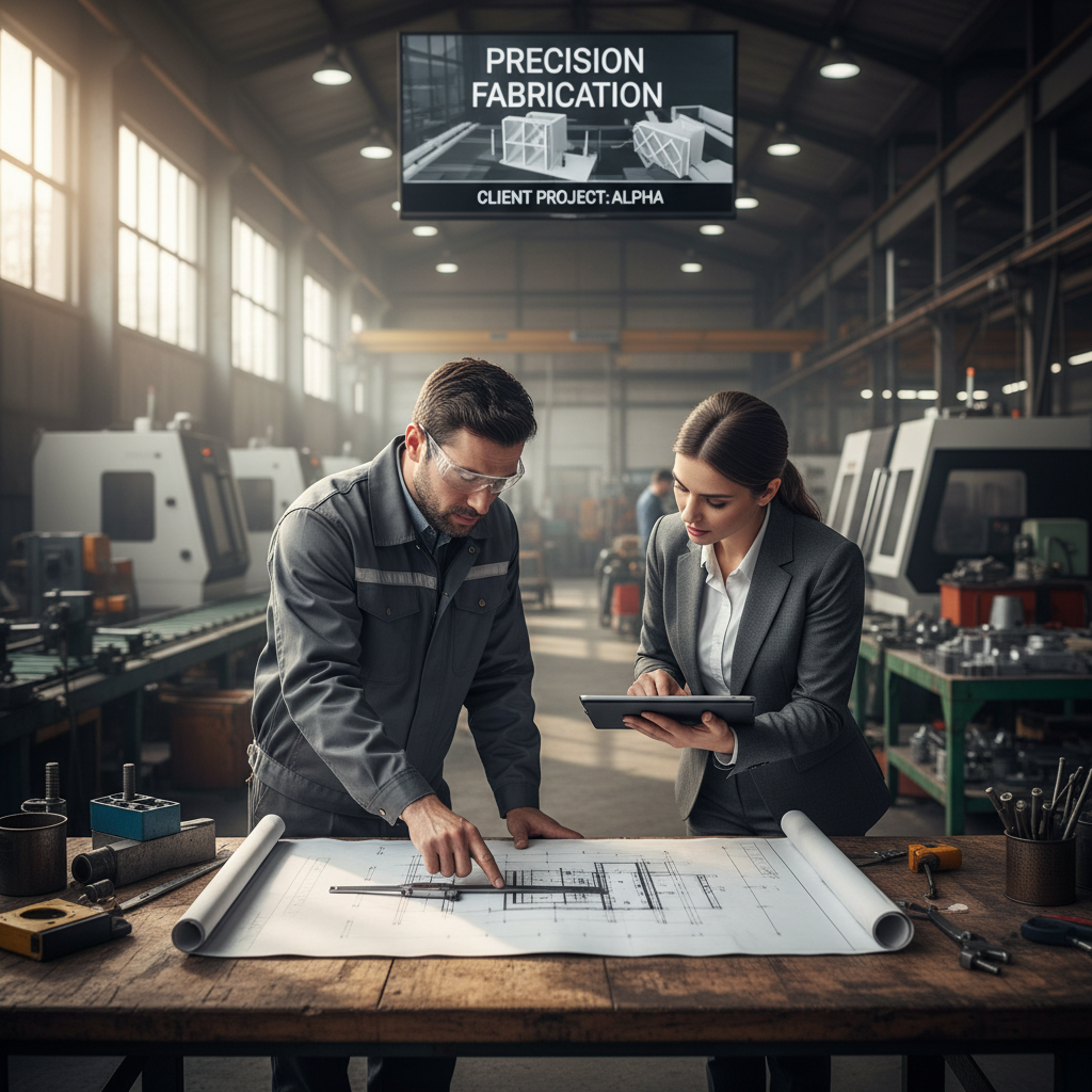 Close collaboration and blueprint reviews ensure every part meets exact client specifications. A professional manufacturer reviewing technical blueprints with a client at a workbench in the facility.