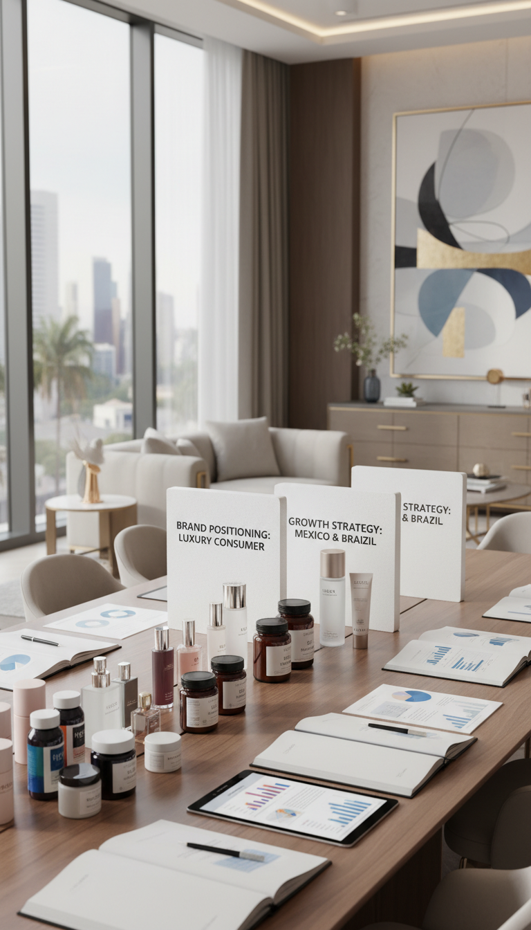 Success in Mexico requires a strategy rooted in deep cultural understanding and local insights. Workspace with Mexican market research documents and brand positioning boards for consumer goods