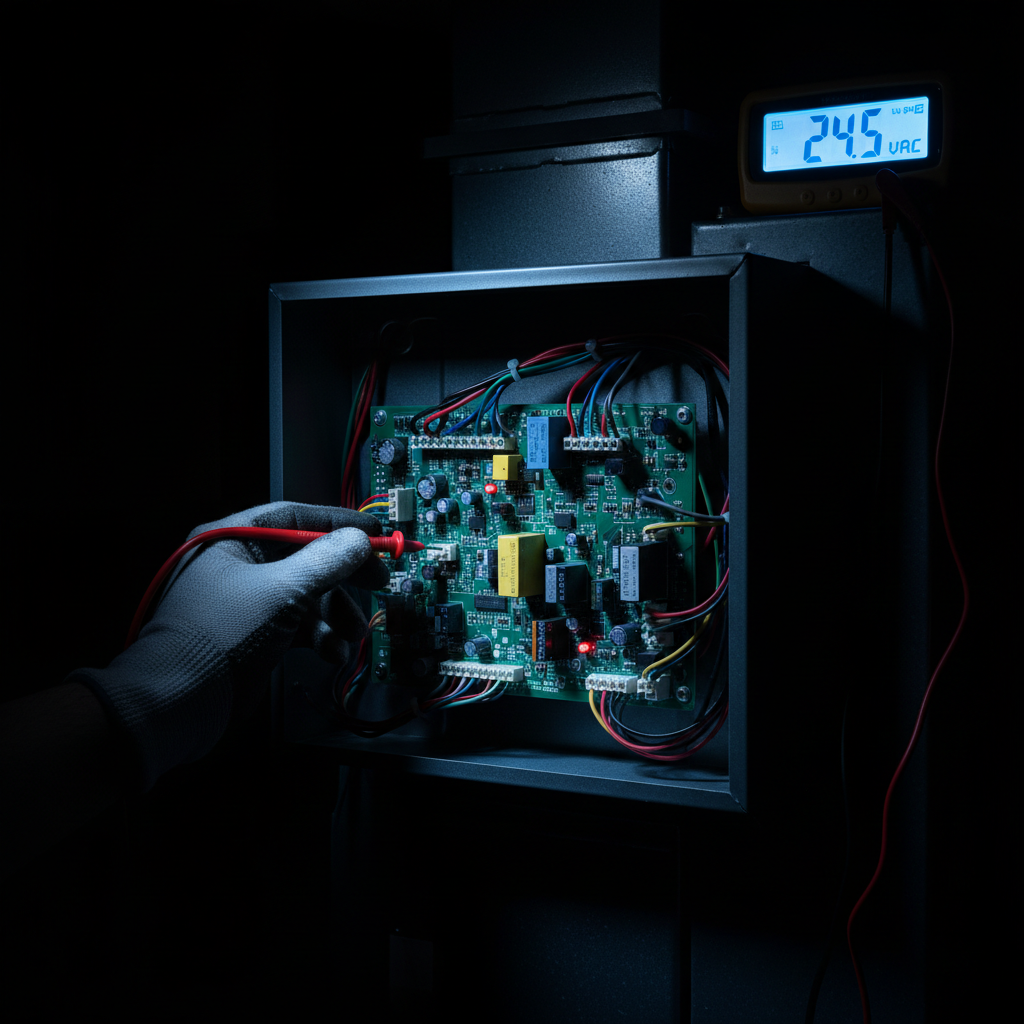 Checking the electronic ignition system ensures your fireplace starts reliably every time. A close up of a technician testing electrical components on a control board with a multimeter.