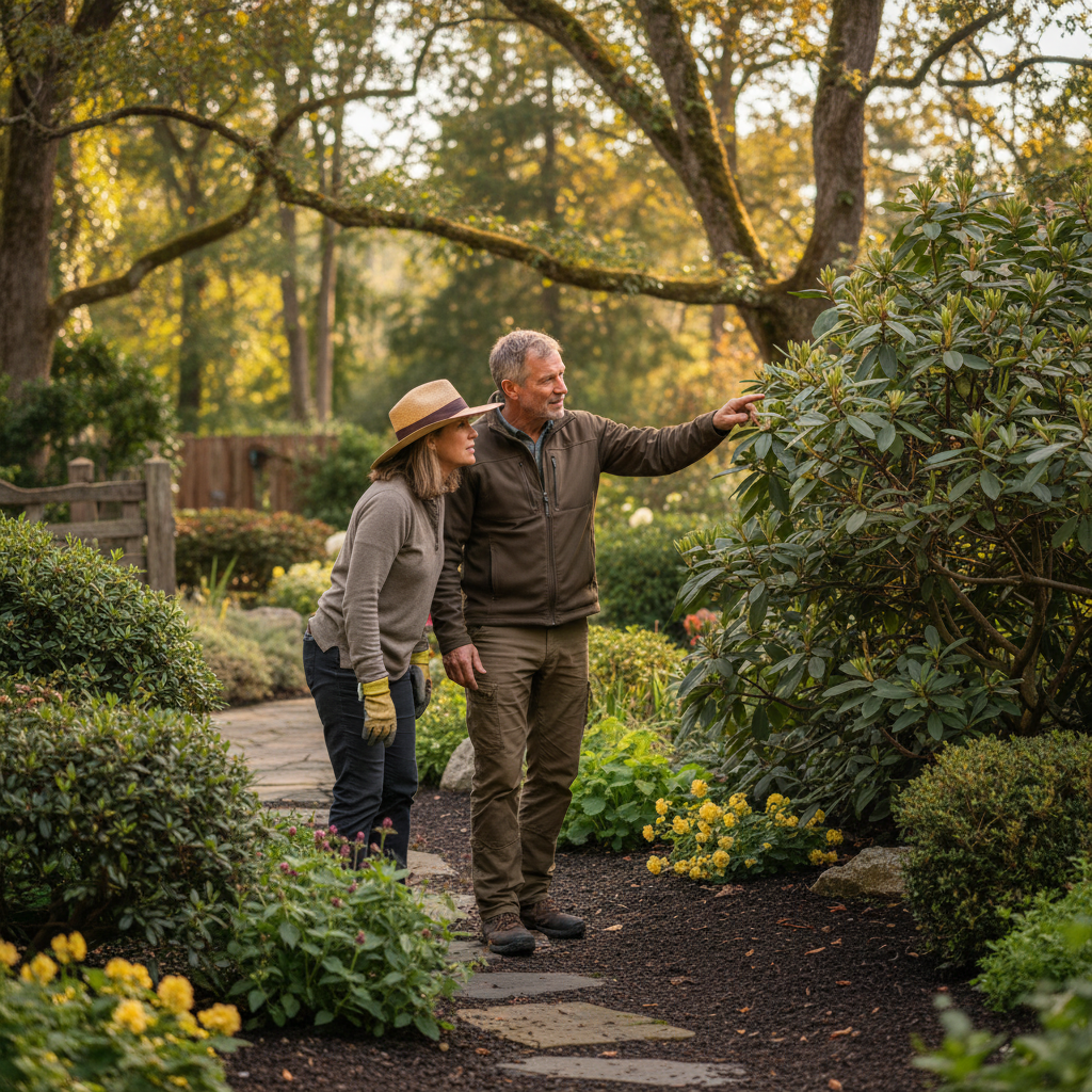 Professional guidance ensures your landscape plan meets all state incentive requirements. A landscaping professional and a homeowner discussing plant selection and rebate requirements on a property.