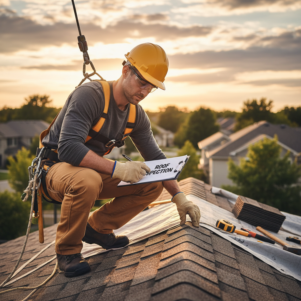 A roof check should happen before any solar equipment decision. Roofer inspecting residential shingles with safety gear and clipboard before recommending upgrades