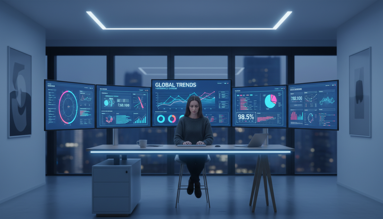 By 2026, proactive analytics will replace traditional manual reporting for faster decision-making. Modern workspace with multiple monitors showing colorful data visualizations and business intelligence dashboards.