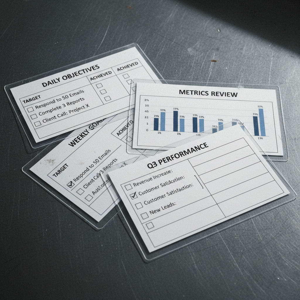 Performance cards turn vague sales goals into actionable, trackable daily standards. Laminated performance cards with measurable targets and checkboxes spread out on a metal desk.