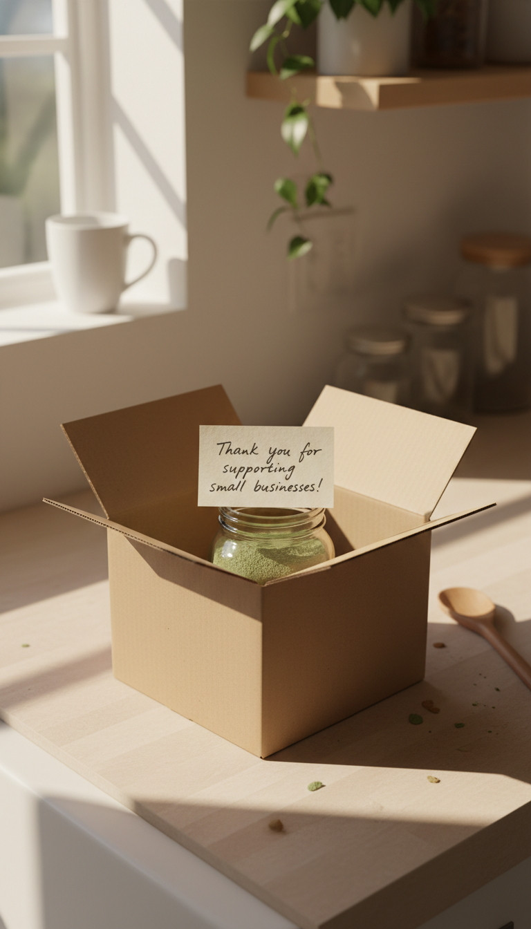 Starting your journey is the first step toward noticing real changes in your energy and digestion. An open shipping box on a counter showing a jar of superfood powder and a thank you note.
