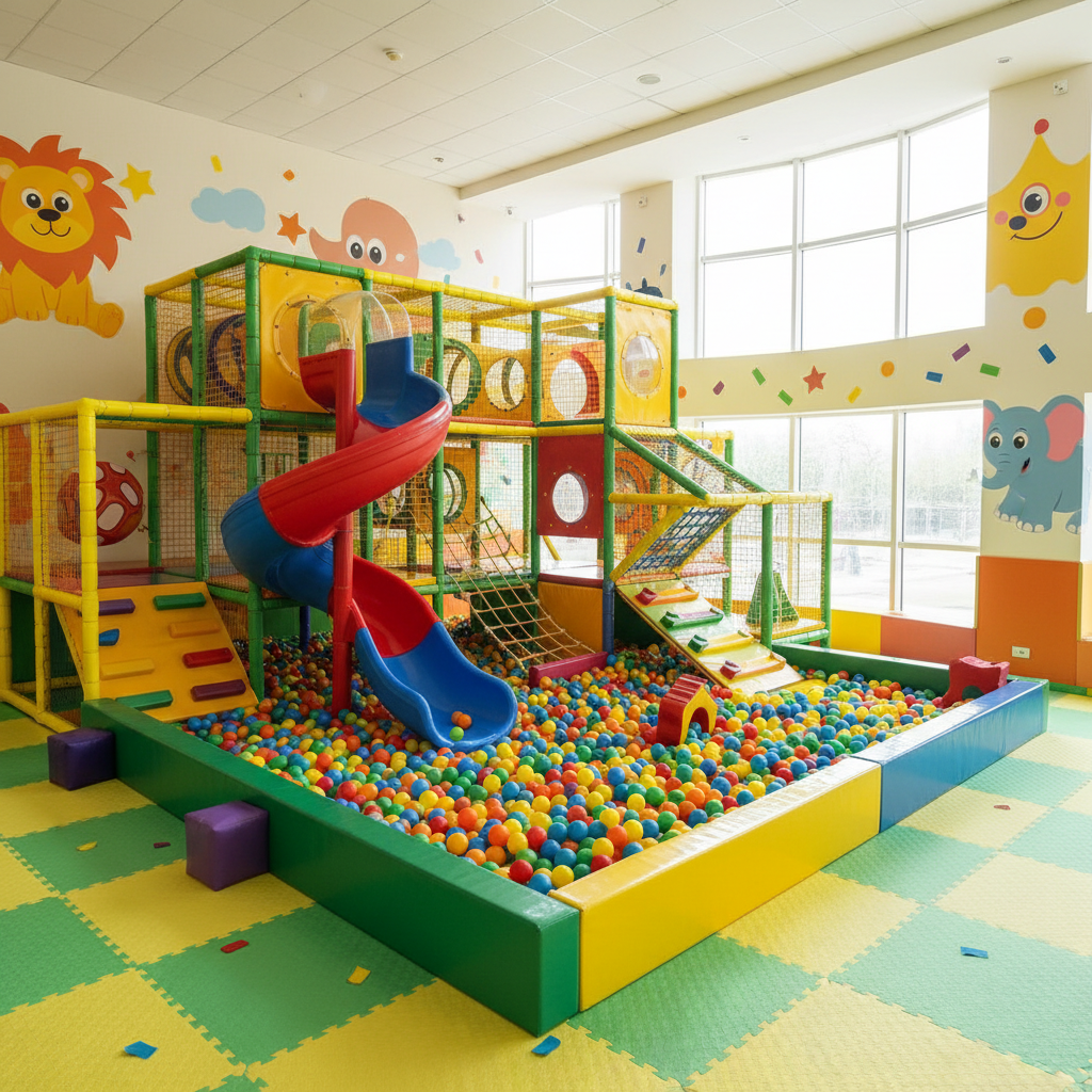 Indoor venues provide a weather proof solution to Orlando's unpredictable rain and heat. A clean, bright, and colorful indoor playground with slides and a ball pit ready for a party.