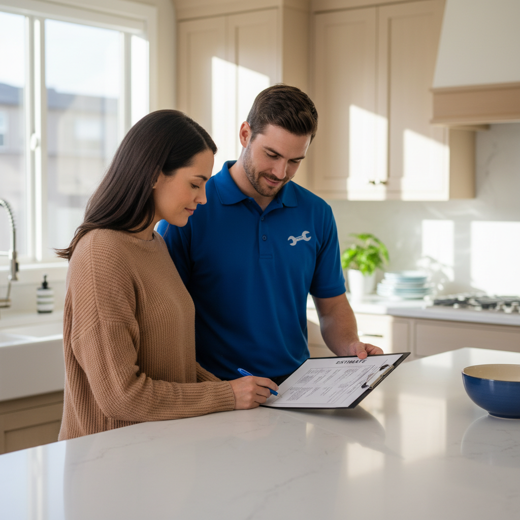 Professional leak detection provides peace of mind and clear documentation for insurance. A plumber providing a transparent service estimate to a homeowner in a bright kitchen.