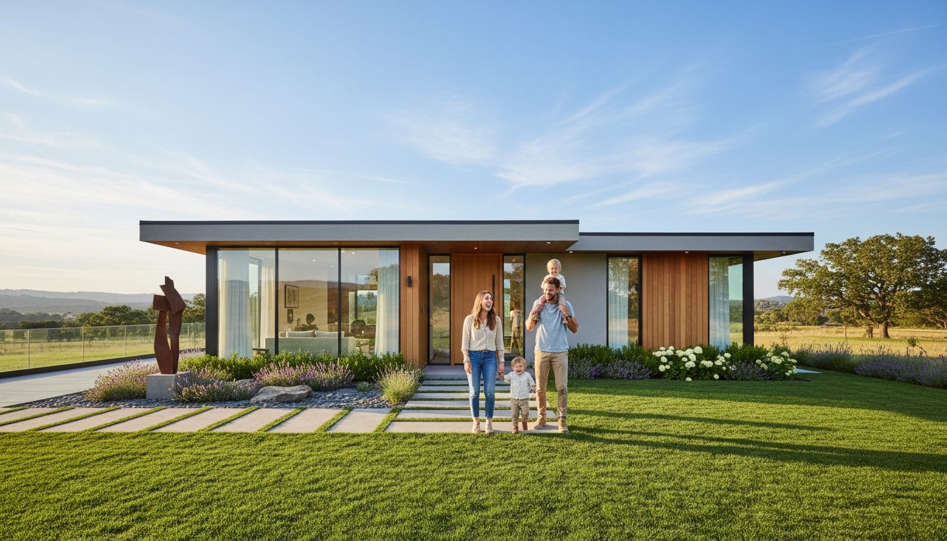 A new roof provides peace of mind and significantly boosts your home's curb appeal and value. Happy family standing in front of their modern San Antonio home with a new roof and beautiful landscaping.