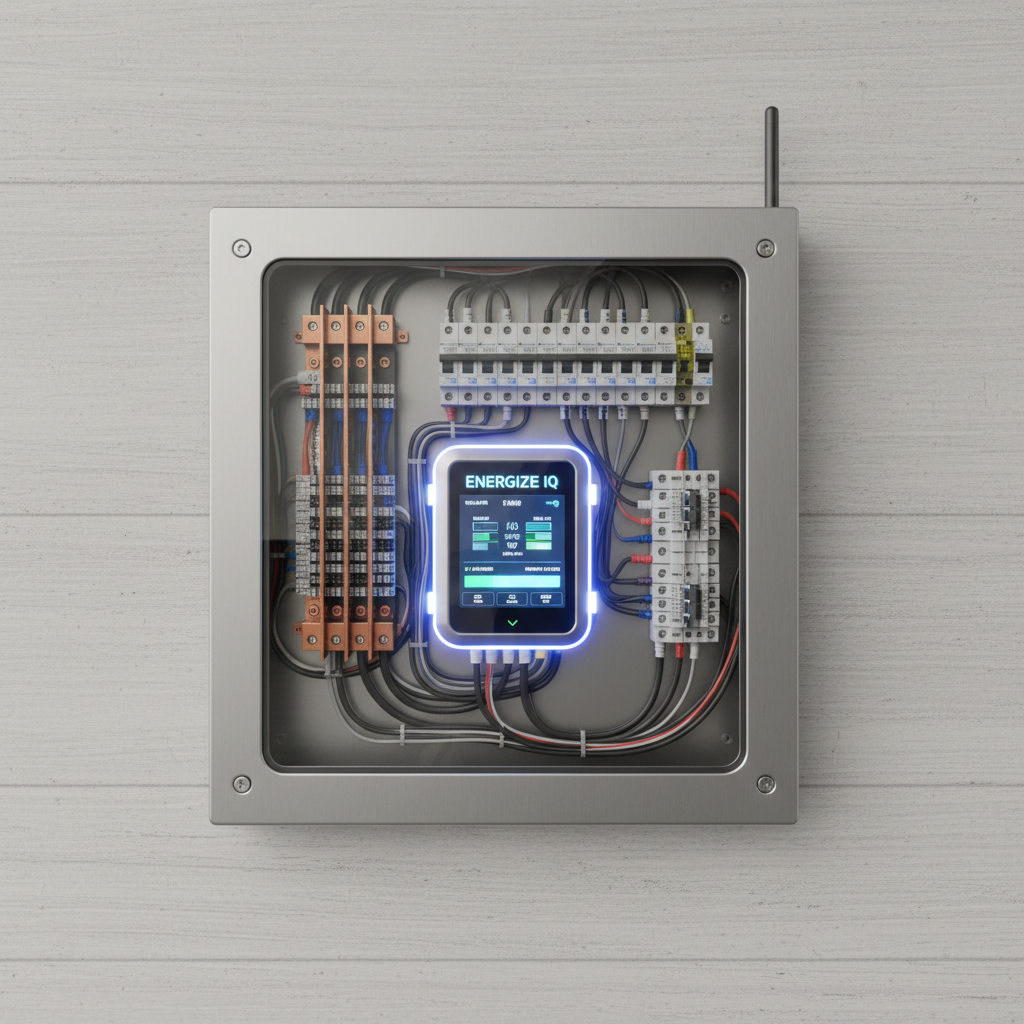 Dynamic load balancing protects your building's electrical infrastructure from overloads during peak charging. Internal view of a modern commercial electrical panel equipped with a smart load management system