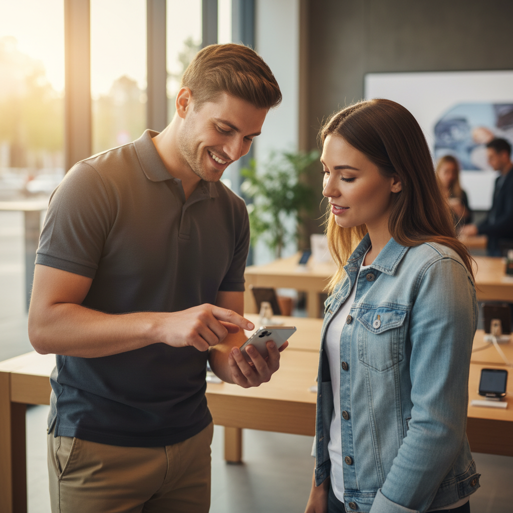 Local experts in Fillmore can help you decode the fine print on different carrier plans. A store associate assisting a customer with a smartphone by pointing to specific details on the screen.