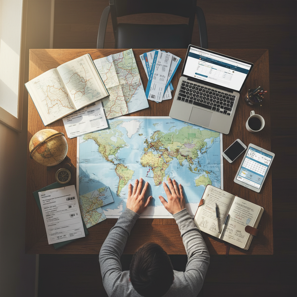 Professional planning ensures your first stamp abroad is stress free. A professional travel agent at a desk in Hyderabad planning a detailed international itinerary with documents and maps.