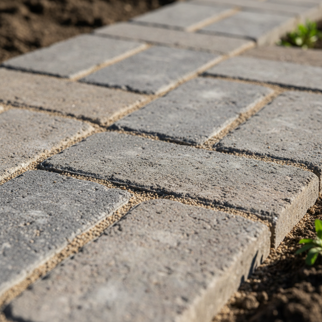 Hardscaping like stone patios reduces lawn maintenance while providing functional outdoor living space. Close-up of high-quality stone pavers highlighting the low-maintenance hardscaping and professional craftsmanship.
