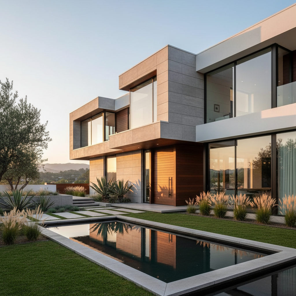 Custom homes in the Central Valley deliver more square footage per dollar than coastal California. Newly constructed residential home exterior with modern architecture and professional landscaping in Visalia California