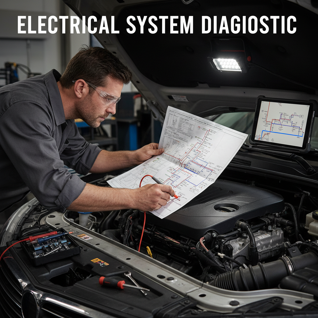 Modern AC systems involve complex electronics that DIY kits simply cannot address. Mechanic reviewing a wiring diagram to troubleshoot complex automotive electrical systems in the engine bay.