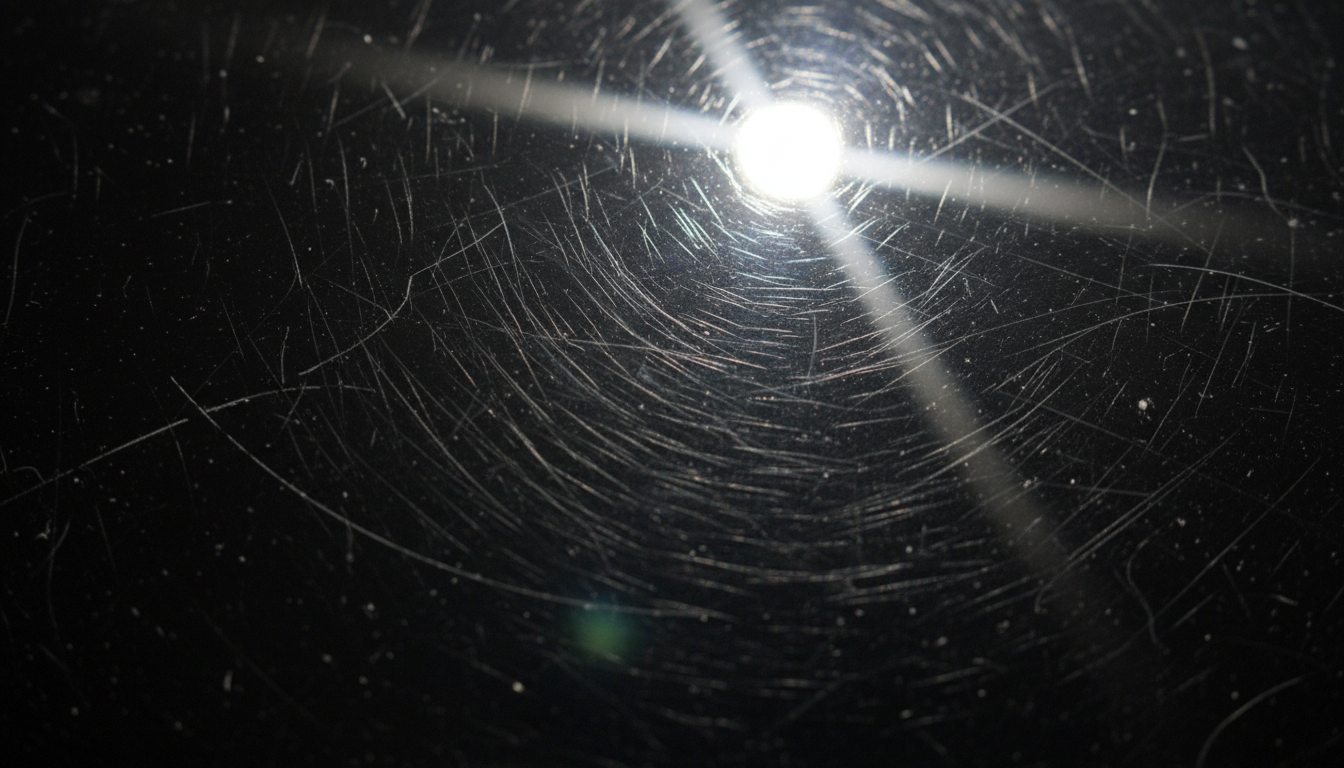 Swirl marks like these require professional machine polishing to remove, a key factor in detailing pricing. Macro photograph of car paintwork covered in fine circular swirl marks and light scratches.