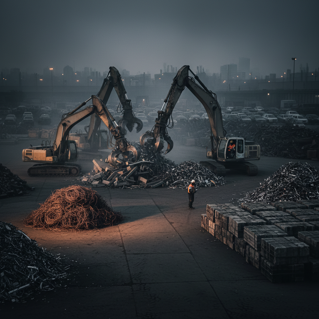 Jolley Recycling provides professional material recovery for large-scale industrial and commercial projects. Industrial recycling yard with heavy equipment processing metal and construction debris.
