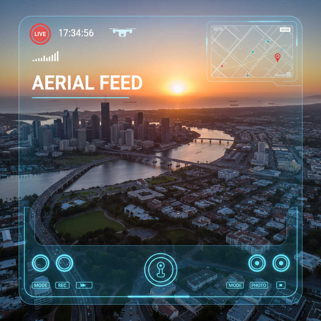 Real-time aerial feeds add a prestige layer to property launches and event broadcasts across Riyadh. Drone live broadcasting aerial view with live video transmission overlay displayed on professional monitoring screen