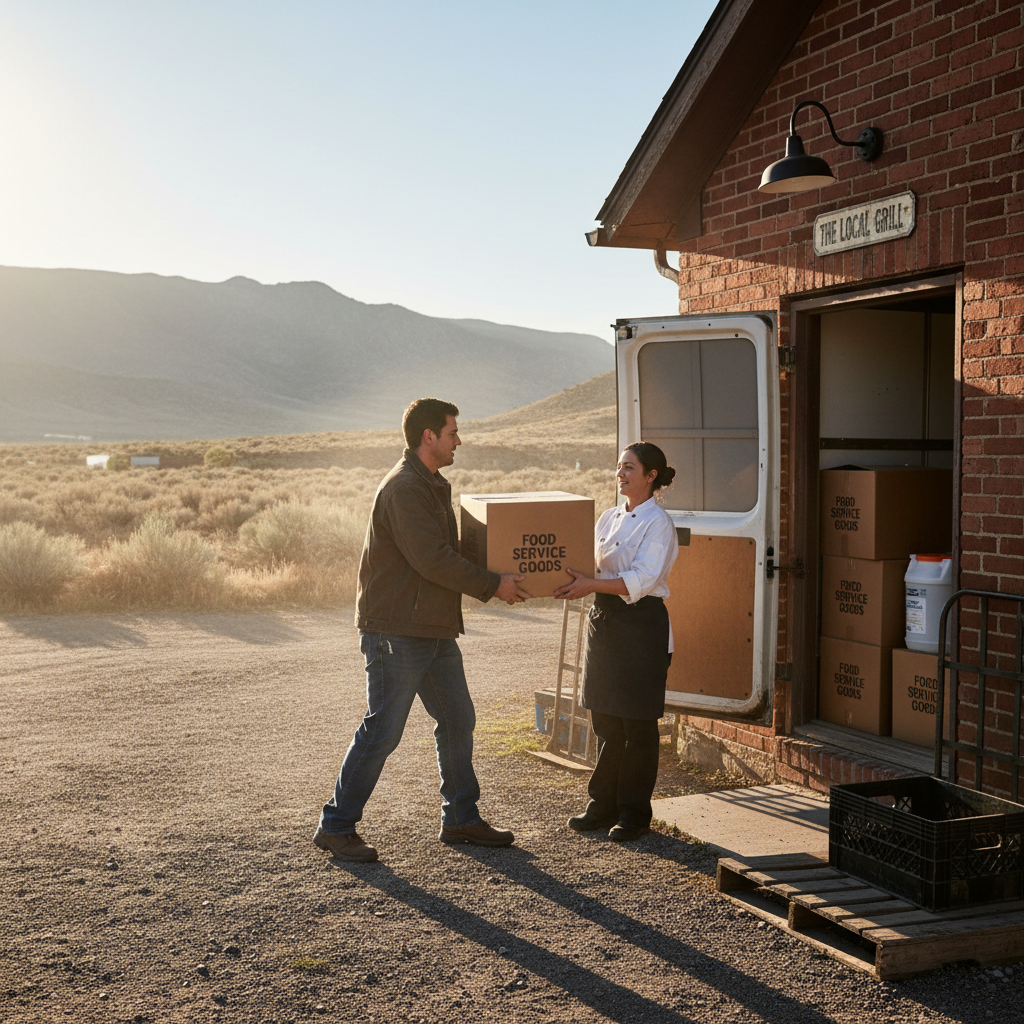 Choosing a local partner means responsive support and reliable deliveries tailored to the Utah foodservice market. A person handles and organizes restaurant supply boxes during a delivery in Juab County, Utah.