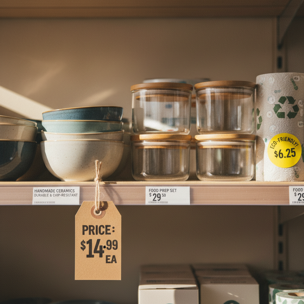 Transparent pricing on everyday essentials ensures that your money works harder for you and your community. Close up documentary shot of clear product price tags and shelf labels for household essentials, showing pricing transparency.