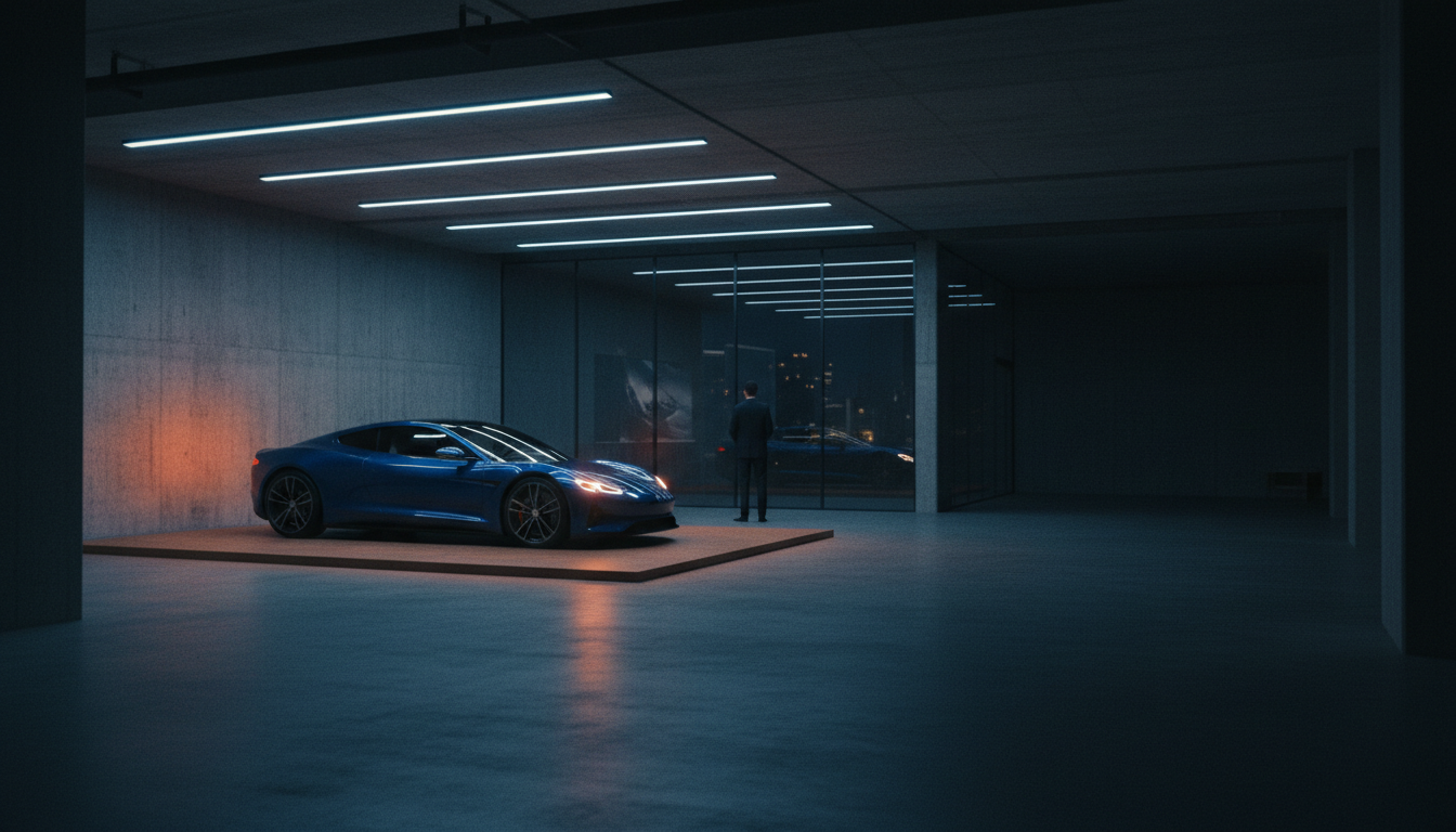 A delay in lead response is a visible gap in your dealership's sales performance. A single car in a dim showroom with a sales consultant out of focus in the background, representing missed opportunities.