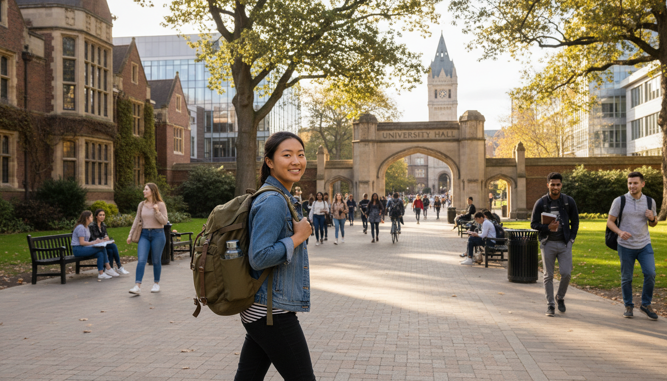 Estudiante internacional con mochila caminando por el campus universitario