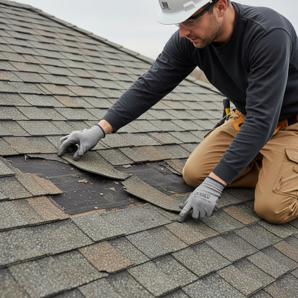 Identifying early signs of shingle deterioration can save you from costly water damage later. Roofing contractor examining worn shingles and damage areas on an older residential roof in Utah.