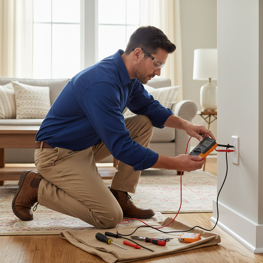 If your outdoor power fails, a professional can quickly identify if the issue is water ingress or a wiring fault. An electrician using a testing device on a wall socket to find a fault in a domestic home.