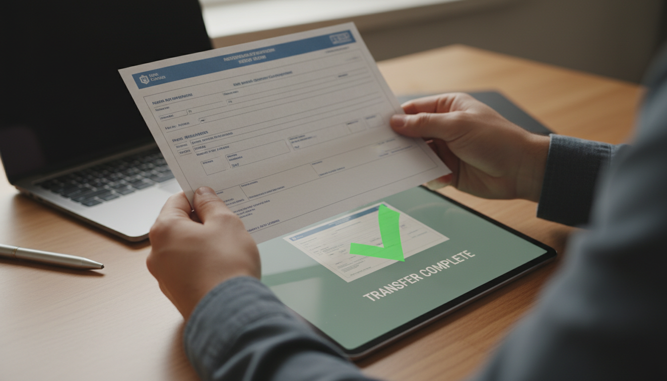 La revisión previa de documentos evita retrasos y sorpresas en el trámite. Manos sosteniendo documentación de matriculación de moto con verificación digital en tablet