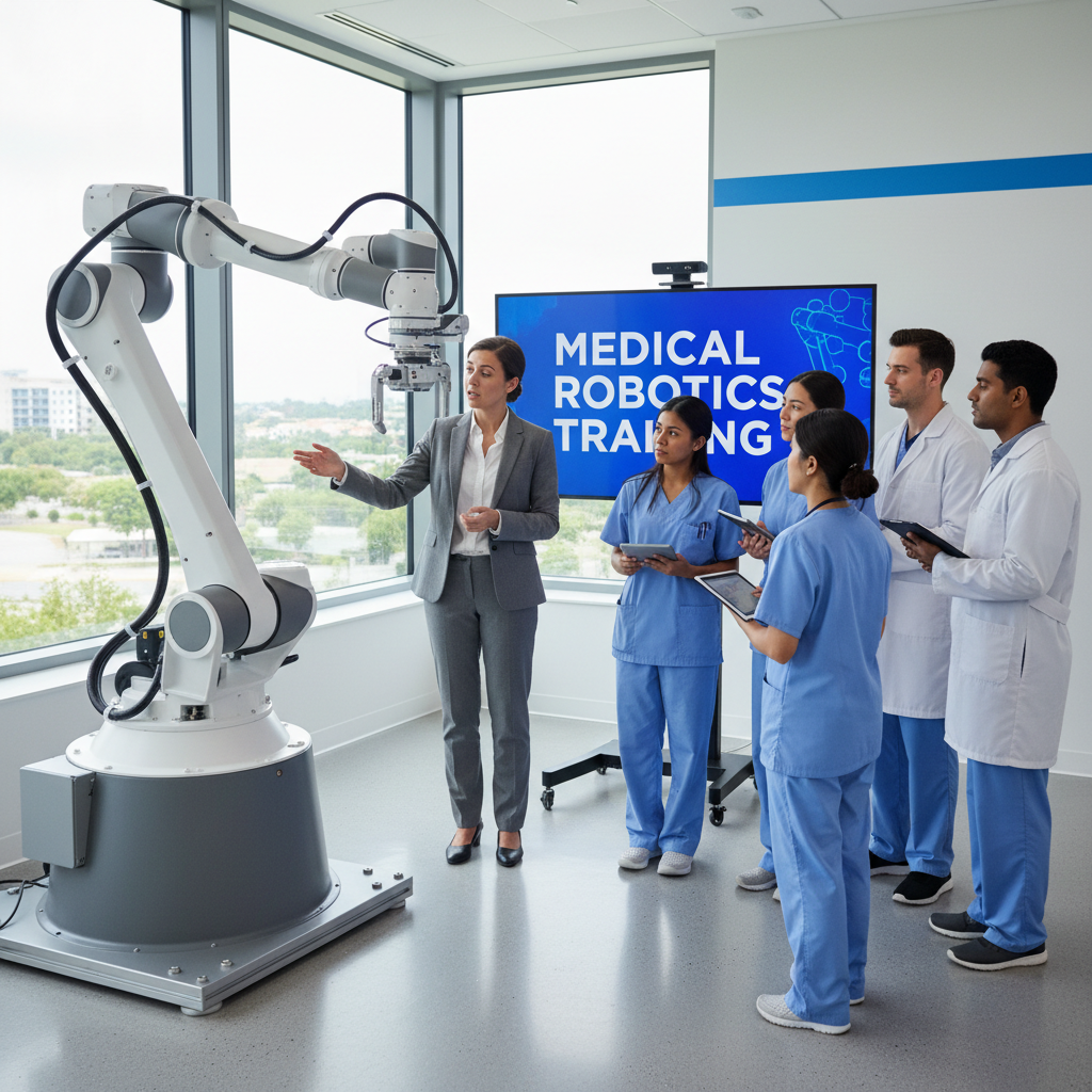 Comprehensive staff training ensures that robotics technology is used safely and effectively. Professional instructor demonstrating how to operate a robotic unit to a group of healthcare staff.