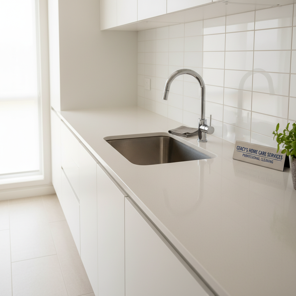 Professional move-in cleaning ensures high-touch areas like sinks and counters are sanitized. A sparkling clean stainless steel kitchen sink and shiny granite countertops in a modern apartment.