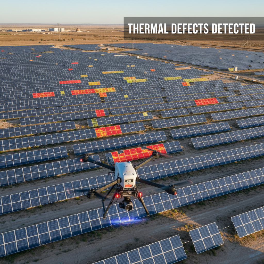 Thermal imaging detects panel failures and hotspots invisible to standard visual inspection. Thermal drone inspection of a solar farm revealing heat defects and panel damage through color temperature gradients