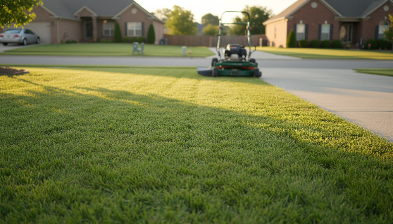 Healthy fescue density helps protect Sumner County clay soil from drying out. Crisp lawn edge along a driveway showing the healthy density of tall fescue grass.