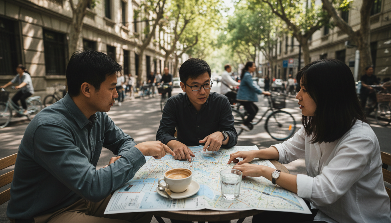 Taking a break at a local cafe is an essential part of the Wukang Road experience. A guide and guests looking at a map at an outdoor cafe on Anfu Road with coffee.