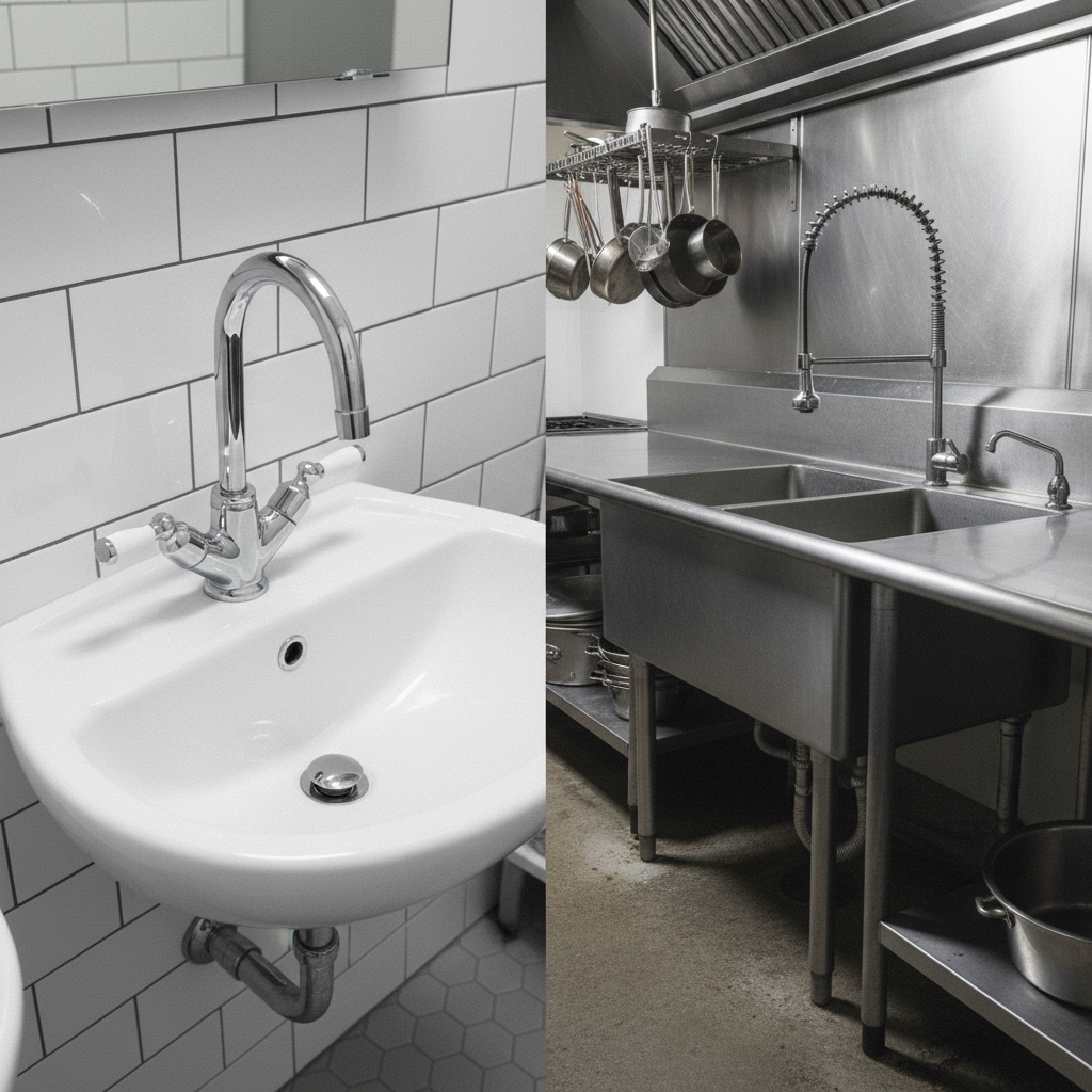 Clogs can happen in both residential and commercial settings, often due to different types of debris. Split composition showing residential bathroom fixtures and a commercial stainless steel sink to demonstrate plumbing versatility.