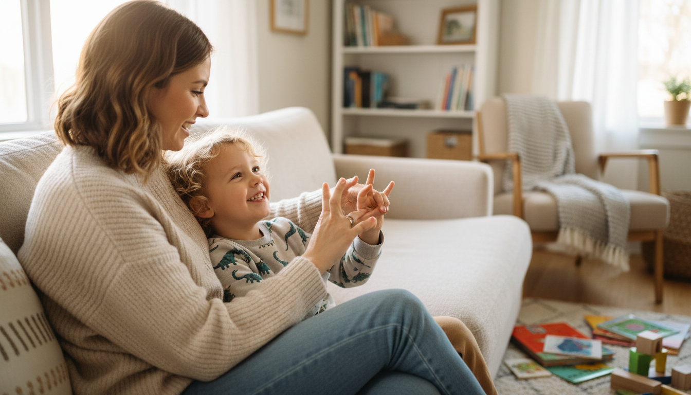 Live interaction ensures students receive immediate feedback on their signing technique. A parent gently guiding a child's hands into an ASL sign in a cozy home environment.