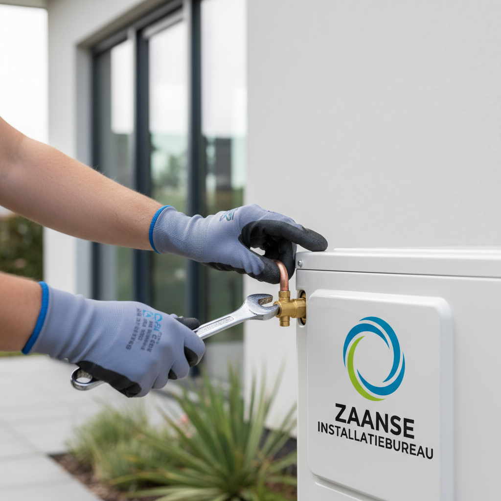 Vakkundige installatie is cruciaal voor de levensduur en veiligheid van je airco. Handen van een monteur die een koelleiding aansluiten op een buitenunit van een airco systeem.