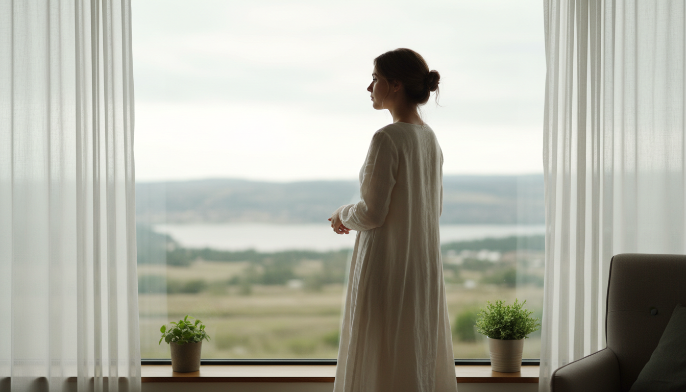 Questioning 'what is happening to me' is often the first step in the awakening process. A woman standing by a large window in soft natural light, looking outward in quiet contemplation.